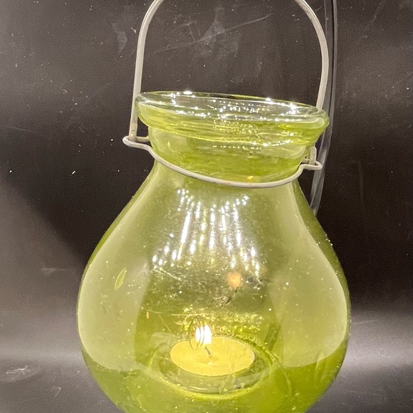 Outdoor glass tea light hanging lantern globe yellow bulbous indent candle - Picture 2 of 13